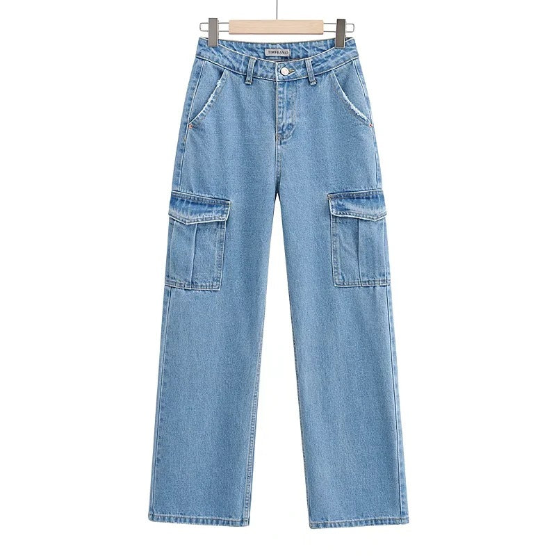 Washed Blue Pocket High Waist Wide-Leg Jeans.