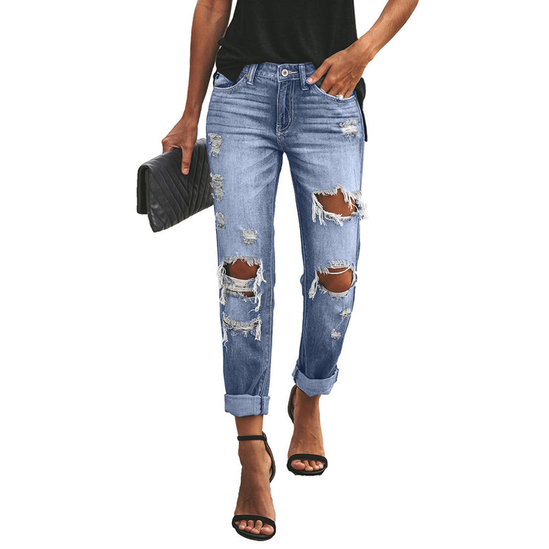 Fashion Sexy Ripped Raw Edge High Waist Ladies Cropped Jeans.