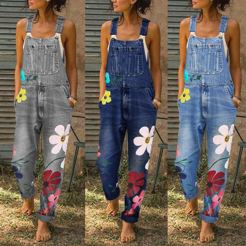 Floral Print Denim Overalls Long Trousers Jumpsuit With Pockets. Cotton,Denim,Jumpsuit