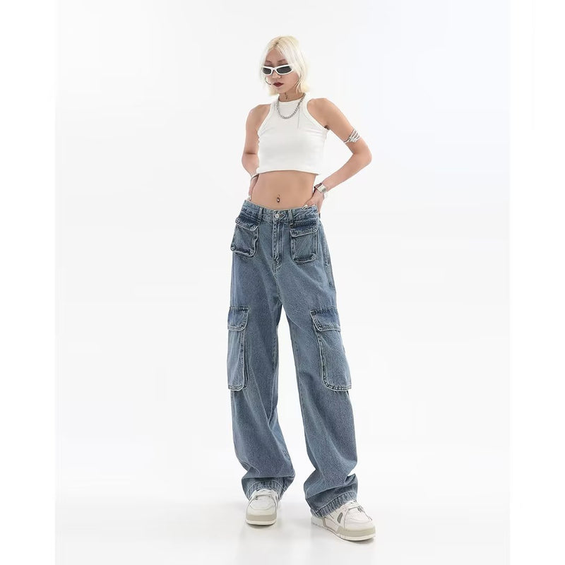 Women's Hip-hop Multi Pocket Straight Jeans.