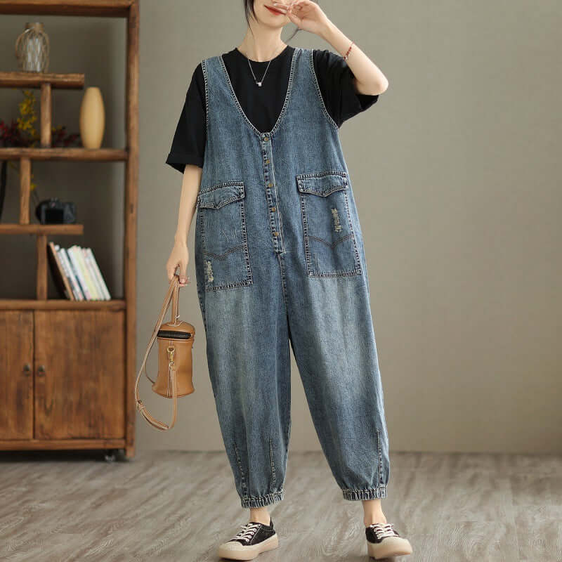 Denim Tank Top Jumpsuit Female. Cotton,Denim,Jumpsuit