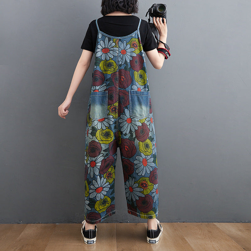 Korean New Literary Style Jeans Printed Suspenders Women.