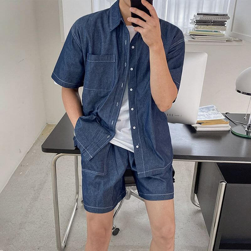 Workwear Short Sleeve Denim Shirt Jacket + Men's Denim Shorts.