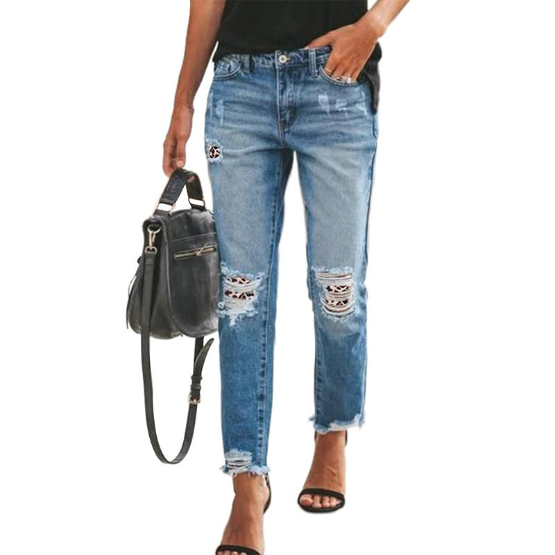 Fashion Sexy Ripped Raw Edge High Waist Ladies Cropped Jeans.