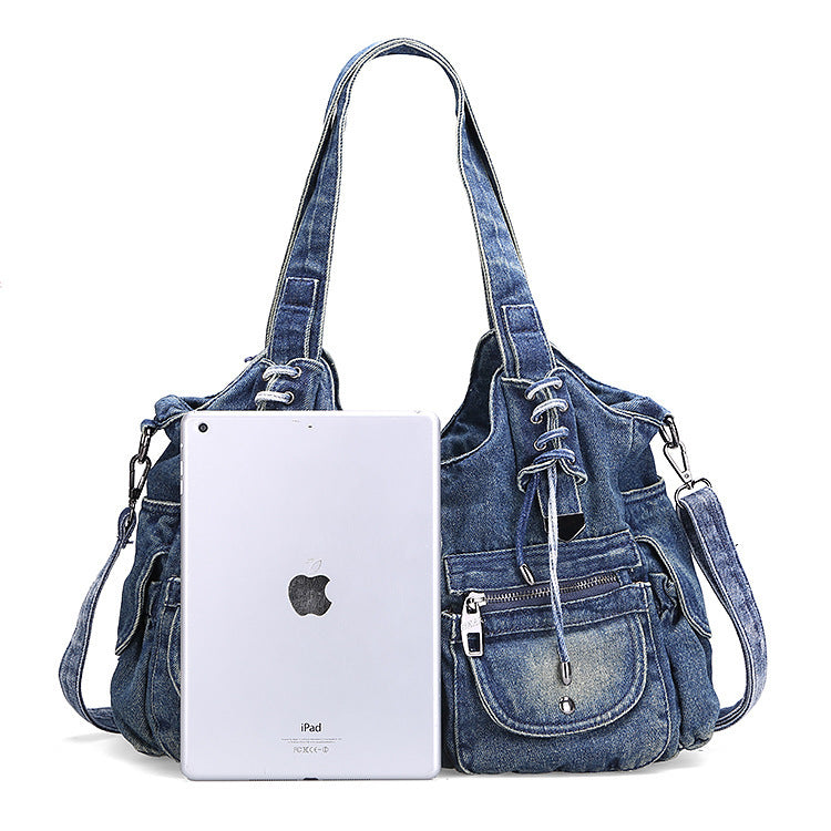 Leisure Fashion Big Denim Shoulder Bag. Bag,Cotton,Denim,Pockets