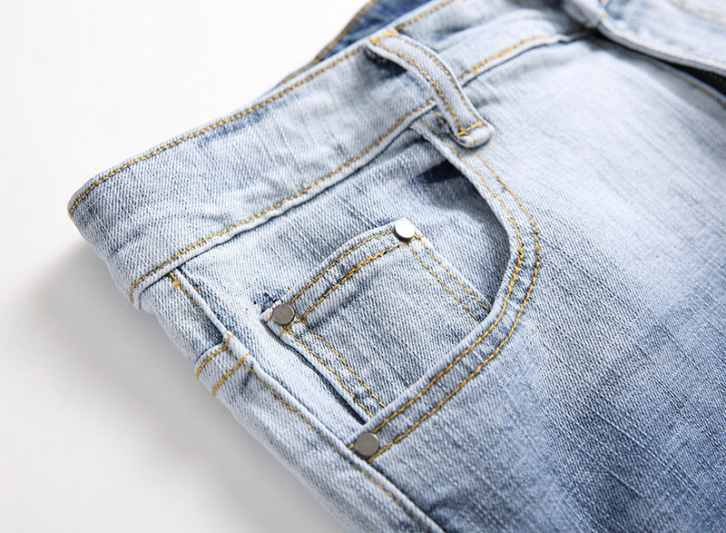 Men's Patched And Faded Light Jeans. Cotton,Denim,Faded,Jeans,Light,Patch