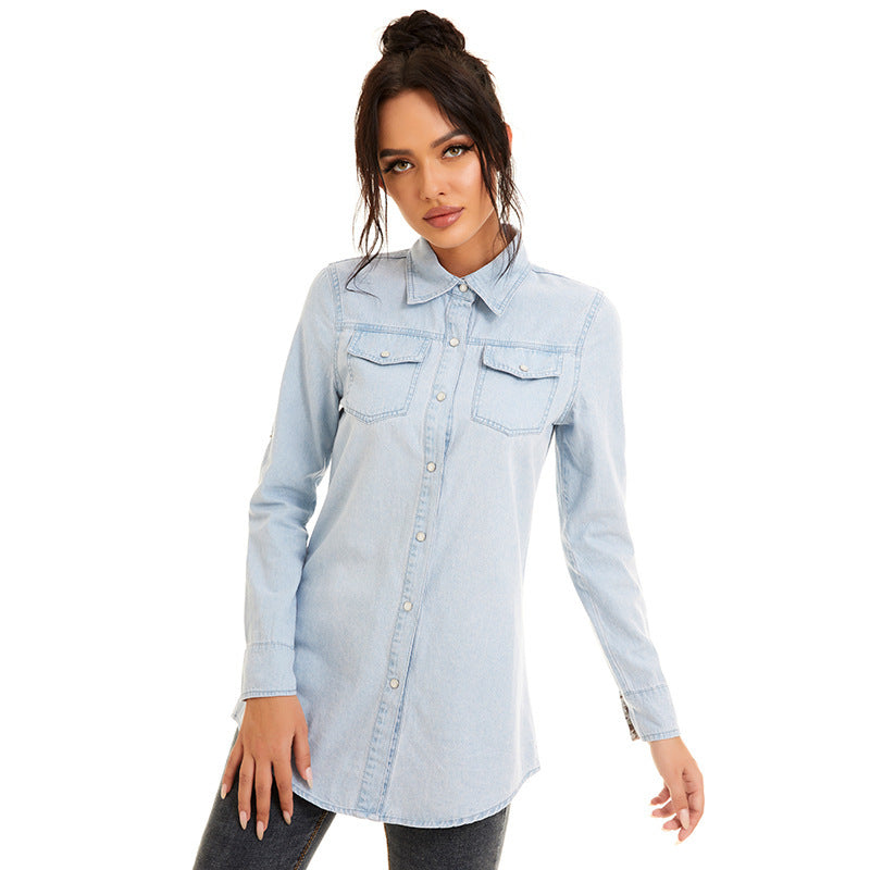 Women's New Denim Mid-Length Floral Stitching Denim Shirt Jacket