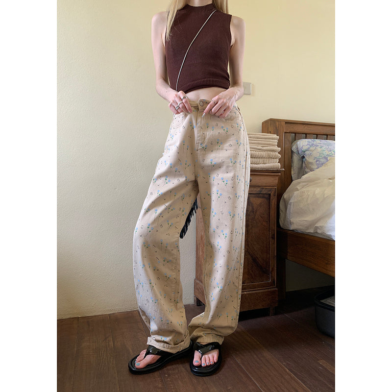 Refreshing Retro Small Floral Casual Loose Fitting Straight Tube Light Colored High Waisted Jeans For Women