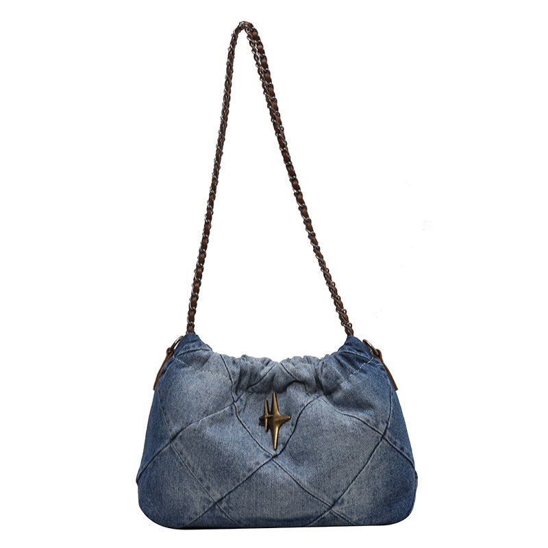 Denim Women's Bag Blue - Woven Chain Messenger Bag Rhombic Embroidery Thread. Bag,Cotton,Denim