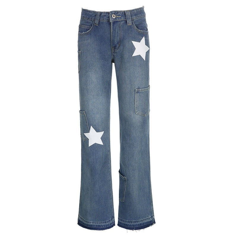 American Retro - Star Print Asymmetric Jeans For Women. Jeans