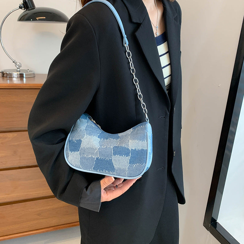 Denim Shoulder Bag Simple Plaid Patchwork Underarm Bag Women. Bag,Cotton,Denim