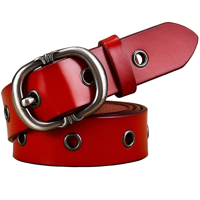 Ladies Leather Belt - Fashion Two-Layer Cowhide Alloy Pin Buckle Belt. Belt,Cowhide,Leather