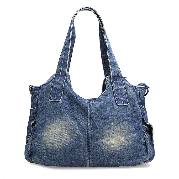 Leisure Fashion Big Denim Shoulder Bag. Bag,Cotton,Denim,Pockets