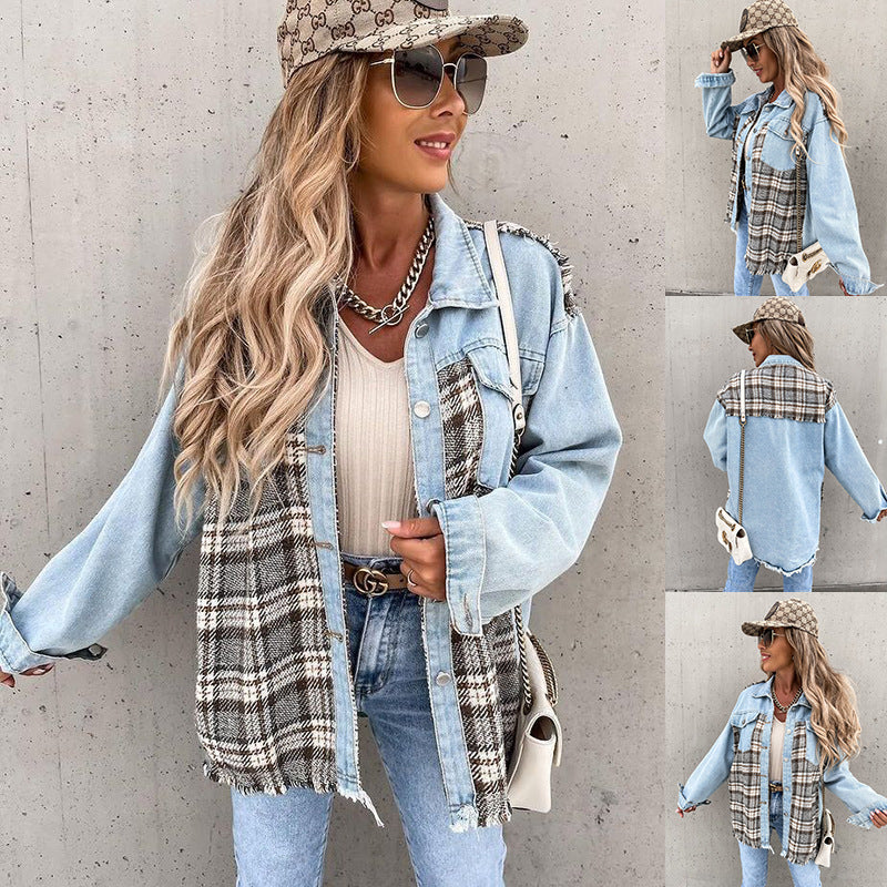 Denim Stitching Plaid Coat Loose Top Women. Cotton,Denim,Jacket