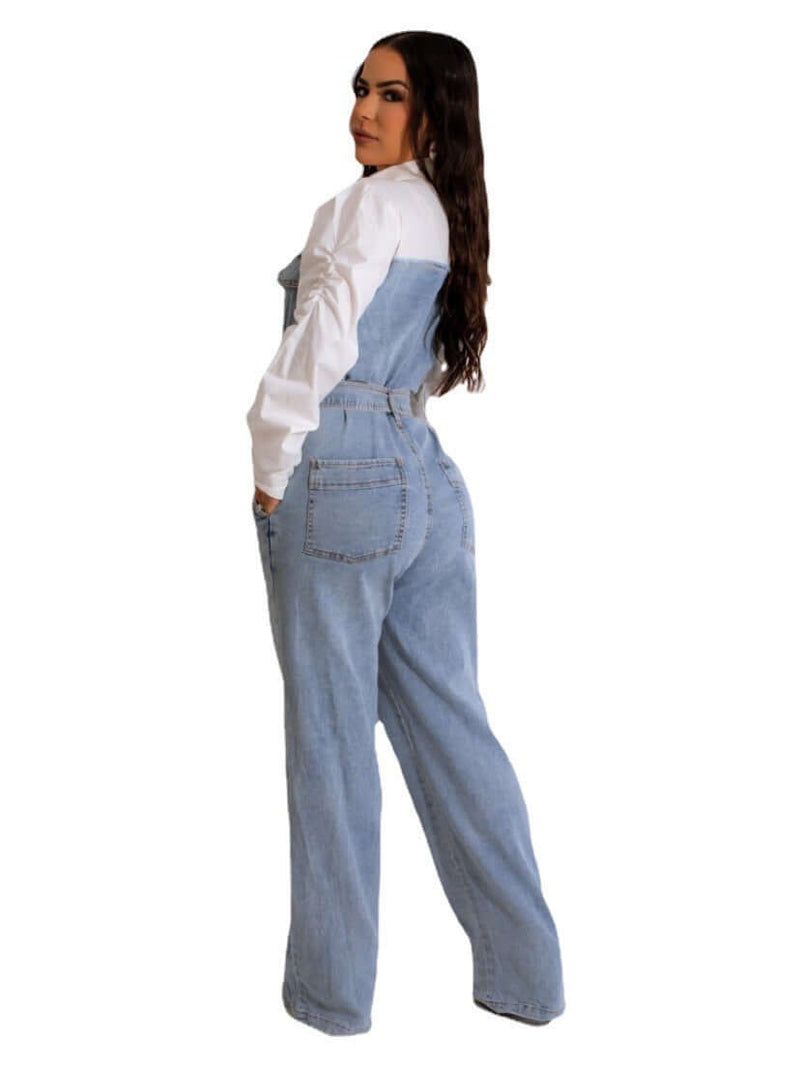 Casual Denim Stitching Plus Size Jumpsuit. Cotton,Denim,Jumpsuit