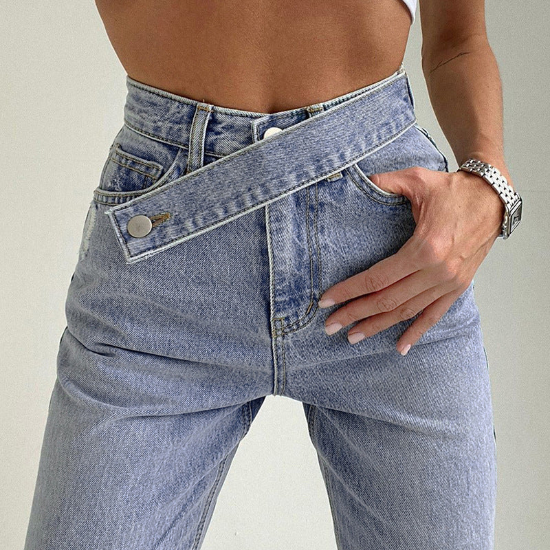 Irregular Belt Fashion High-Waist Slim Jeans.