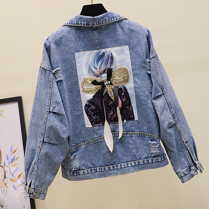 Women's All-match Ripped Patch Denim Jacket Top