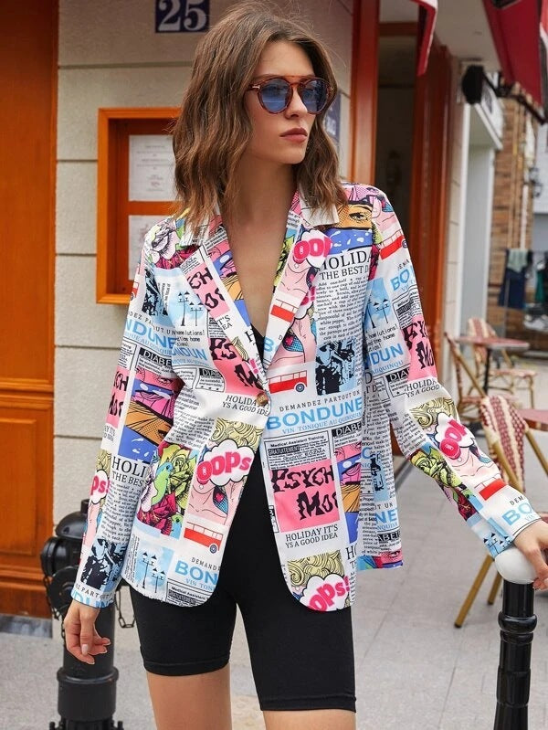 Newspaper Print Ladies Thin Suit Jacket