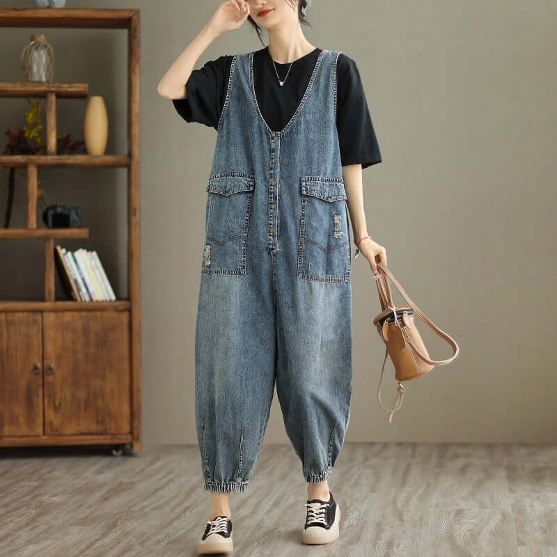 Denim Tank Top Jumpsuit Female. Cotton,Denim,Jumpsuit