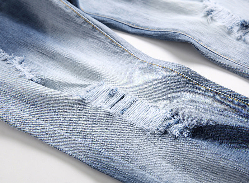 Men's Patched And Faded Light Jeans. Cotton,Denim,Faded,Jeans,Light,Patch