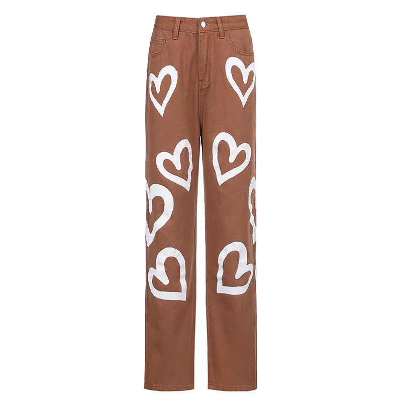 Love Graffiti Women's High Waist Straight Slim Jeans. Cotton,Denim,Hearts,Loose,Straight,Tie-dye