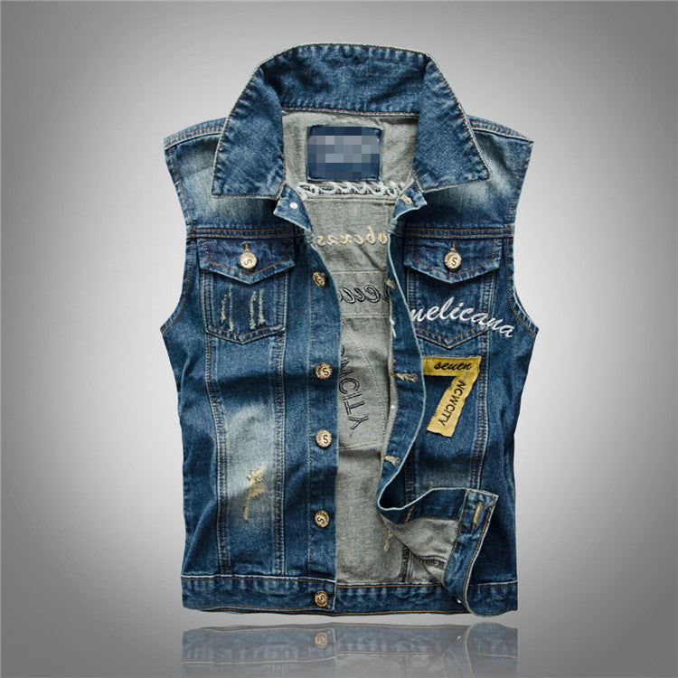 Men's Denim Waistcoat Jacket w/Embroidery