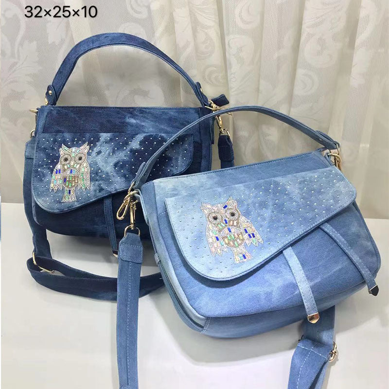 Fashion Denim Owl Shoulder Bag. Bag,Cotton,Denim