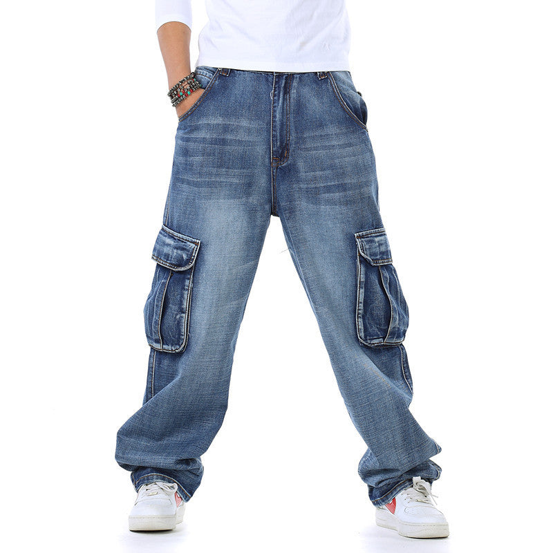 Large Fashion Multi-pocket Wide Jeans. Denim,Jeans,Pockets,Wide