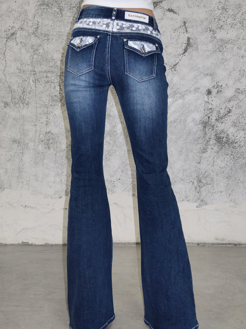 Rhinestone Skinny Low Waist Flared Dark Jeans.