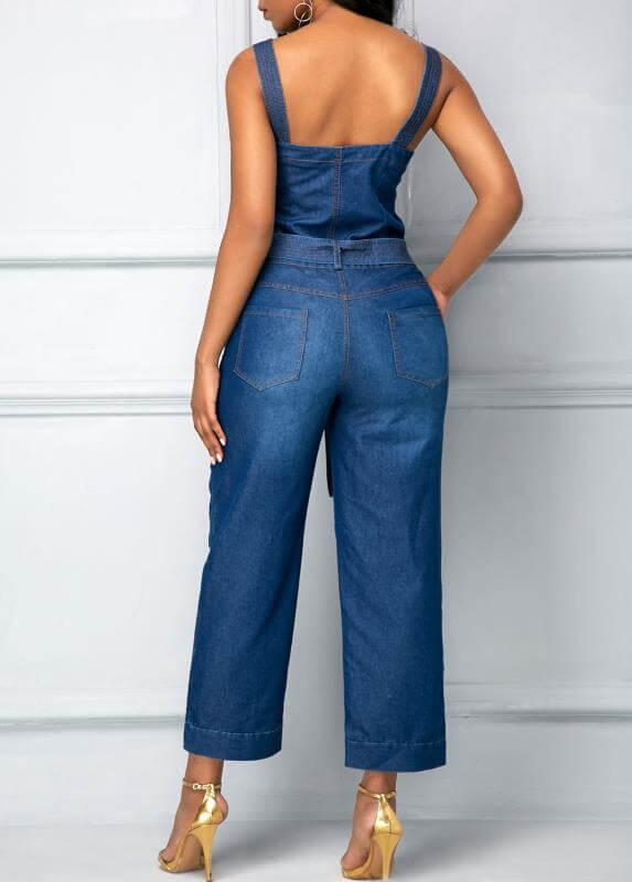 Sling Bowknot Denim Jumpsuit. Cotton,Denim,Jumpsuit