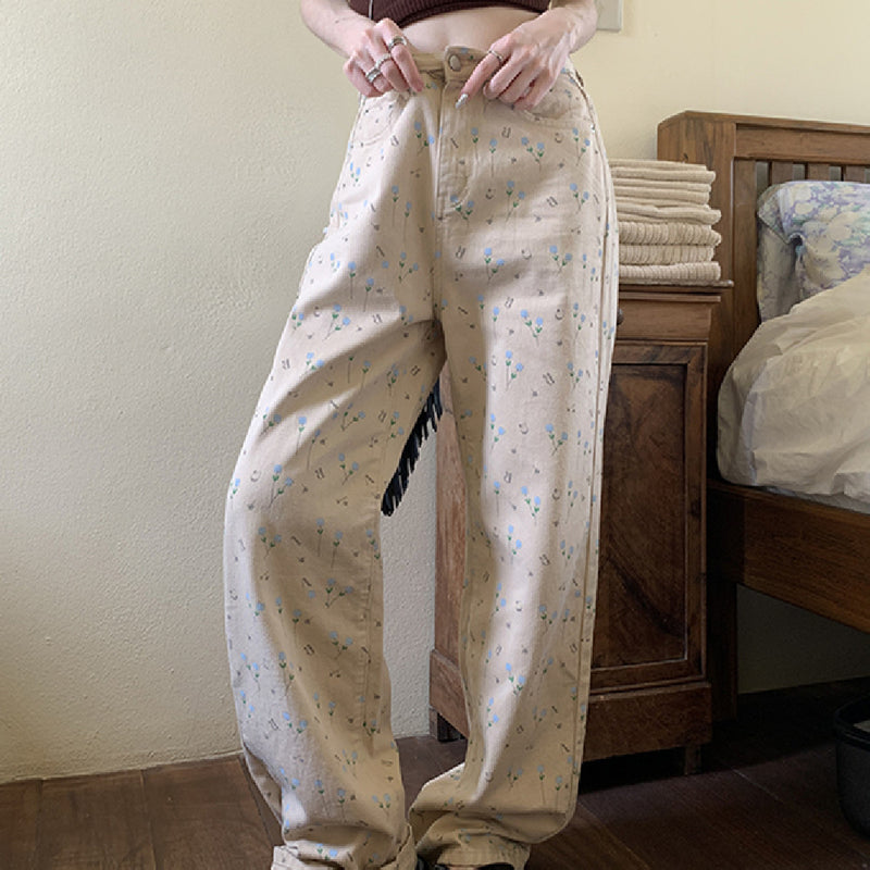 Refreshing Retro Small Floral Casual Loose Fitting Straight Tube Light Colored High Waisted Jeans For Women