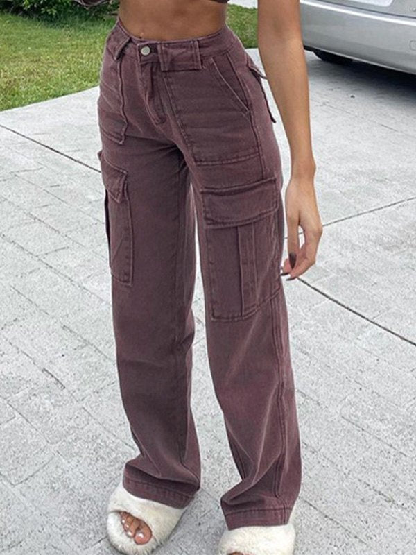 Women's Solid Color Pocket Stitching Loose-Fit Mid-Waist Jeans.