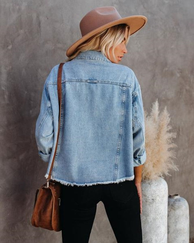 Denim Loose Frayed Short Jacket. Cotton,Denim,Jacket