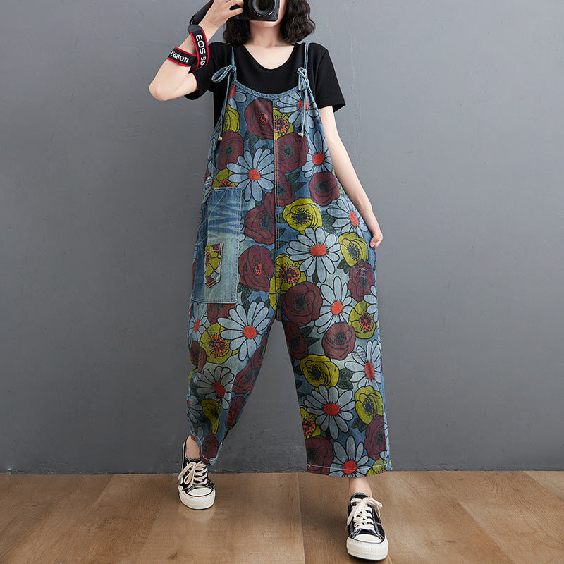 Korean New Literary Style Jeans Printed Suspenders Women.