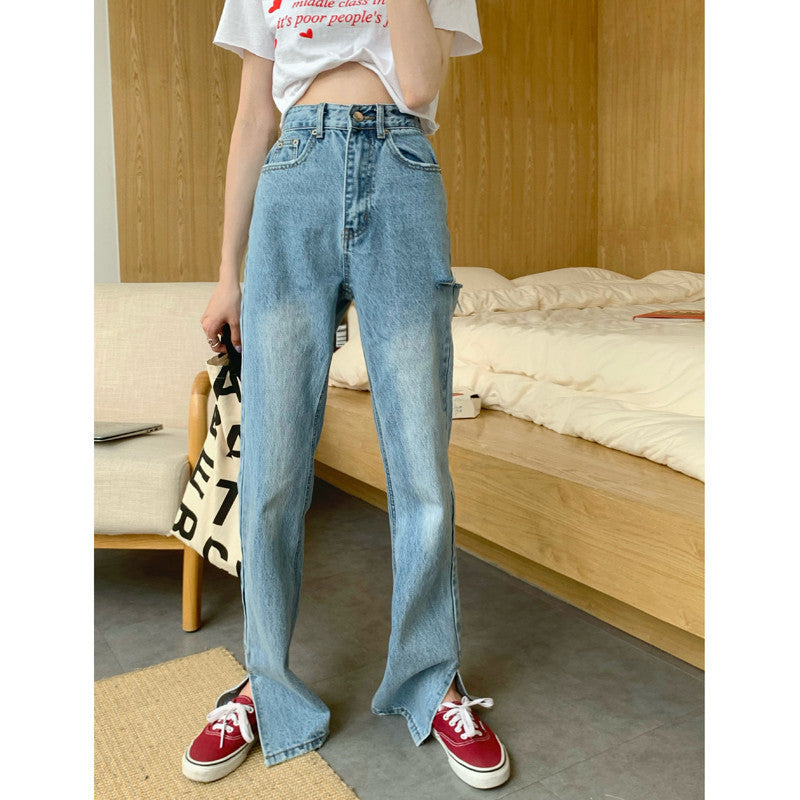 Women's Retro Loose High Waist Slit Jeans.