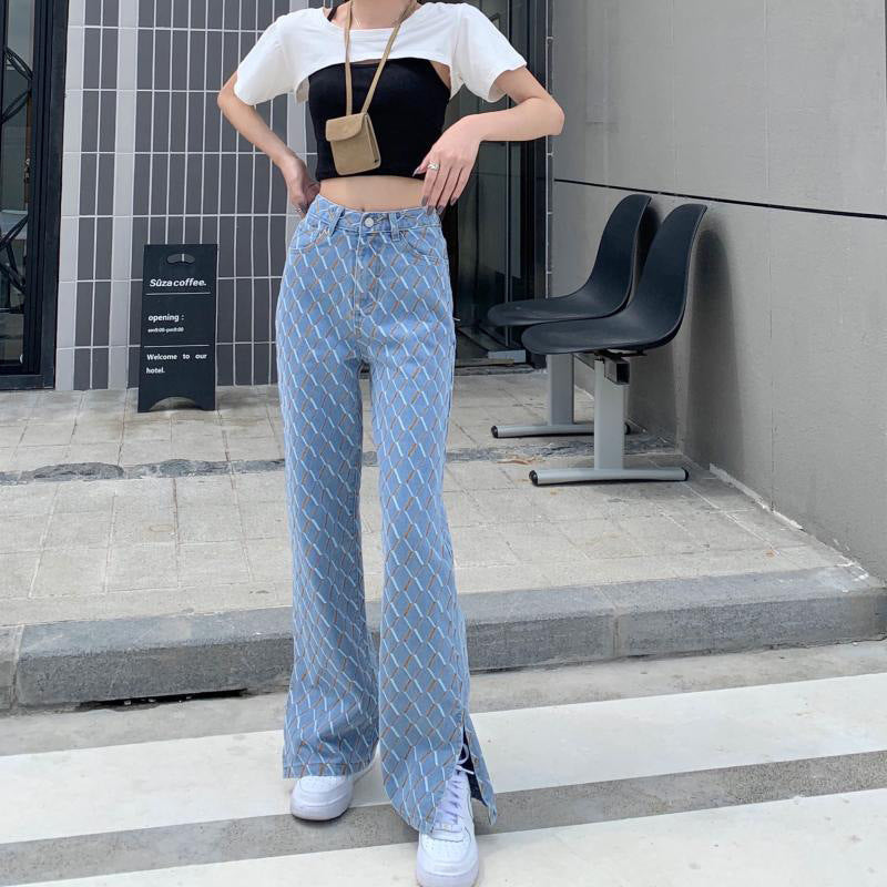 Retro Hong Kong Style High Waist Thin Wide Leg Pants Ladies Jeans.