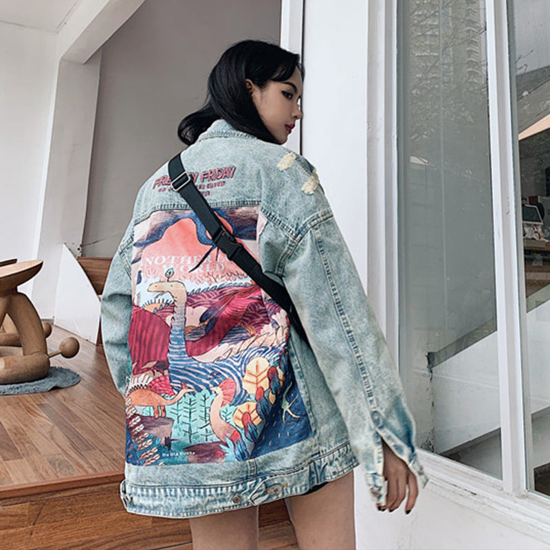 European And American Fashion Back Dinosaur Patch Couple Denim Jacket