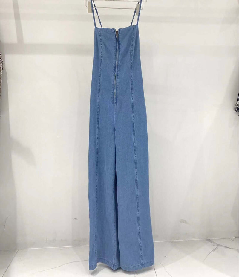 Front Long Zipper Sling Back Wide Leg Denim Jumpsuit. Cotton,Denim,Jumpsuit