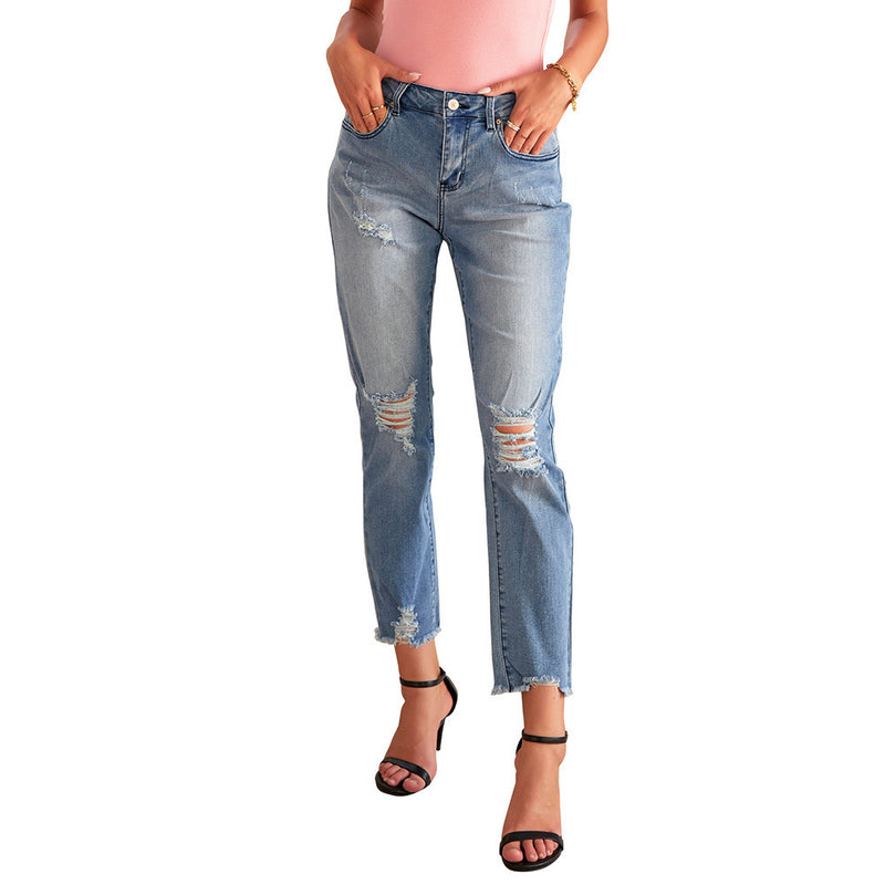 Fashion Sexy Ripped Raw Edge High Waist Ladies Cropped Jeans.