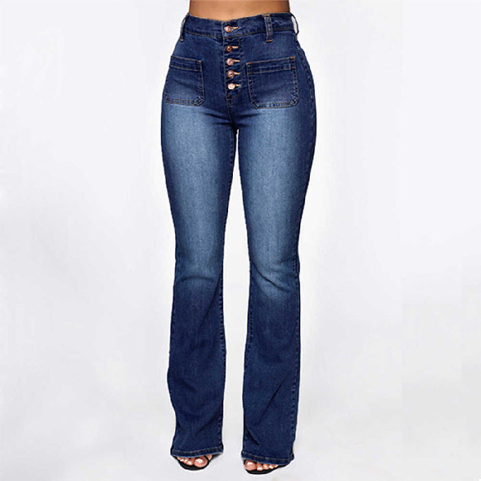 Plus Size Jeans Women Patch Pocket Washed Ladies High Waist Denim Trousers.