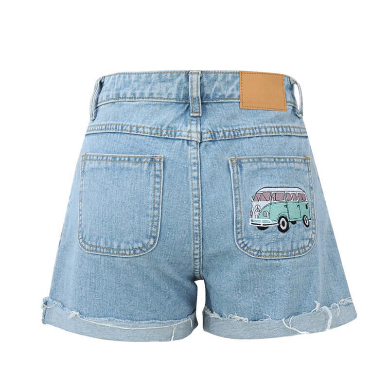 Casual Temperament Denim Rotten Edge High Waist Washed Denim Shorts. Cotton,Denim,Shorts