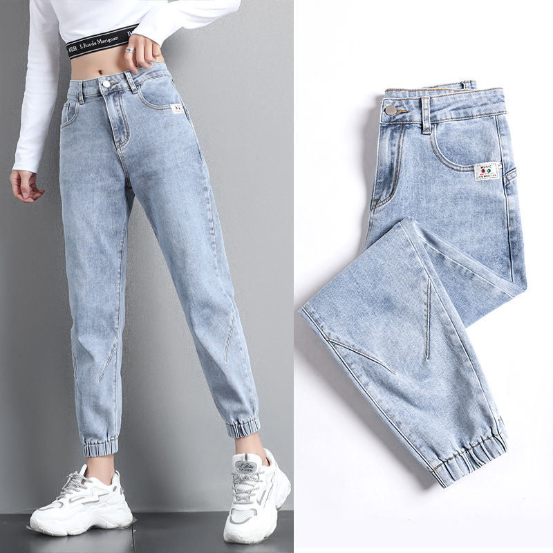 Women Streetwear Ankle Banded Jeans Korean Fashion Baggy.