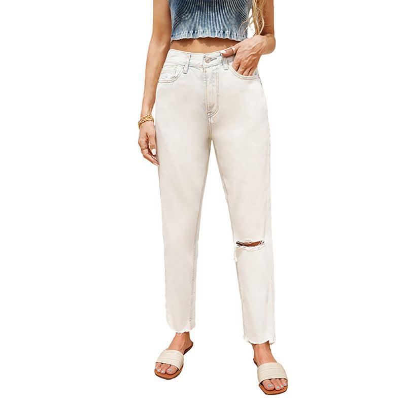 Fashion Sexy Ripped Raw Edge High Waist Ladies Cropped Jeans.