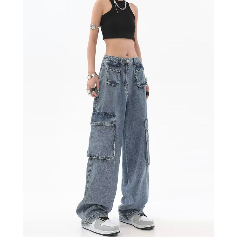 Women's Hip-hop Multi Pocket Straight Jeans.