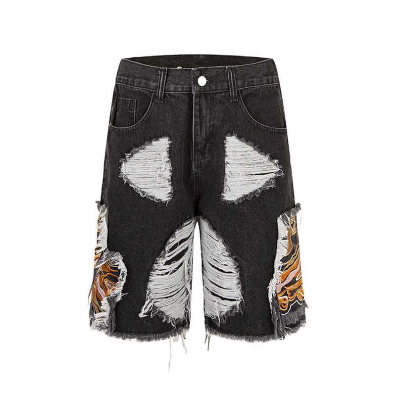 Mens Heavy-duty Ripped Embroidered Denim Shorts.