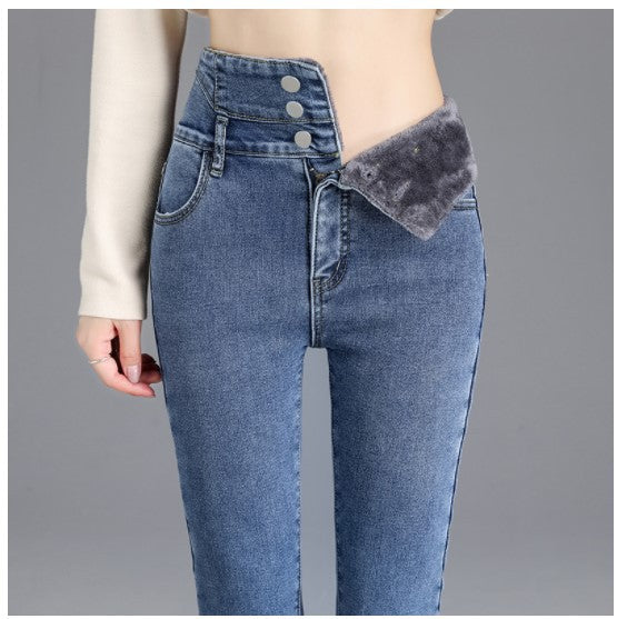 Women's High Waist Jeans Trendy Plush Fleece. Cotton,Denim,Fleece,Lined