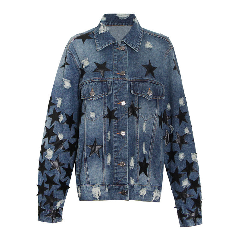 Lapel Star Patch Shredded Single Breasted Denim Jacket For Women