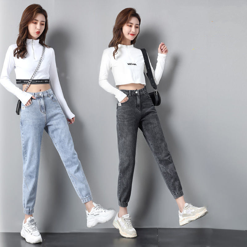 Women Streetwear Ankle Banded Jeans Korean Fashion Baggy.