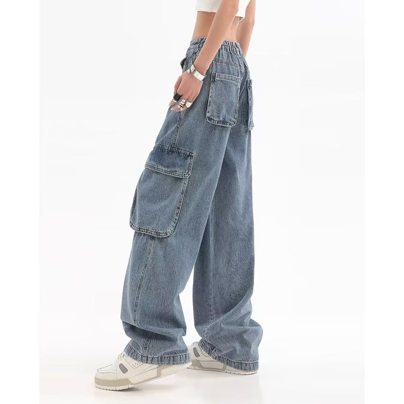 Women's Hip-hop Multi Pocket Straight Jeans.