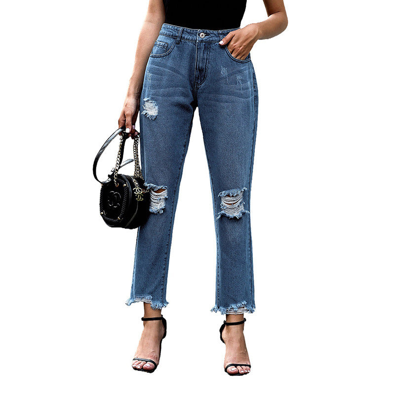 Fashion Sexy Ripped Raw Edge High Waist Ladies Cropped Jeans.